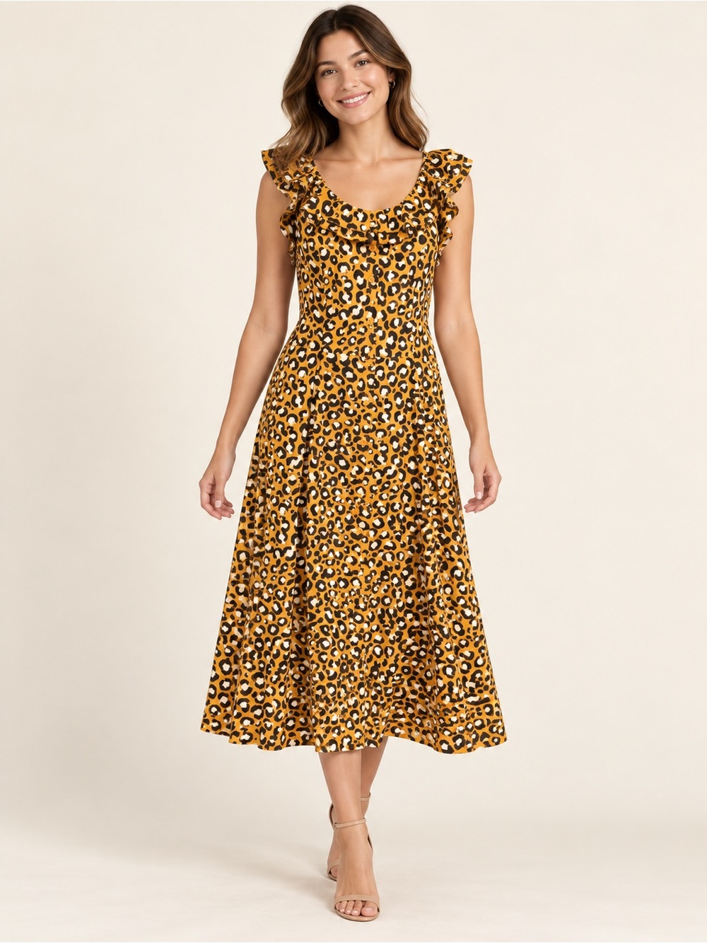 Who What Wear 🔥 Mustard Leopard Print Ruffle Midi Dress